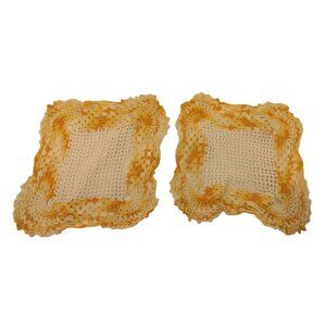 Hand Crocheted Doily Square White Yellow Grannycore Vintage 9 x 8 lot 2
